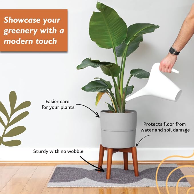 Ilyapa Indoor Plant Stand - Mid Century Modern Floor Planter Stand, 8 Inch Tall, 12 Inch Wide Walnut Stain Pot Riser - Plants Display Rack