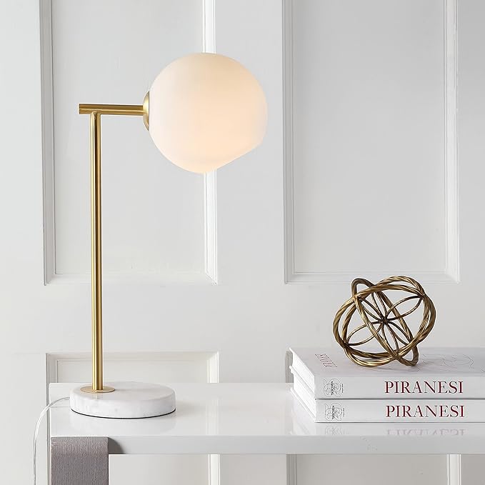 JONATHAN Y JYL1000A 20.5" Modern Gold Table Lamp with White Marble Base and Frosted Glass Globe, Contemporary Bedside Nightstand Lamp for Bedroom, Living Room, Office, LED Bulb Included