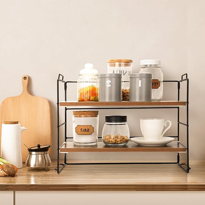 KATHY&BOB Wood Desk Shelf Organizer, 2-Tier Desktop Supplies Storage Rack, Adjustable Stackable Desk Shelf for Office, Kitchen, Bathroom, 15.75"*12.2"*7.87"