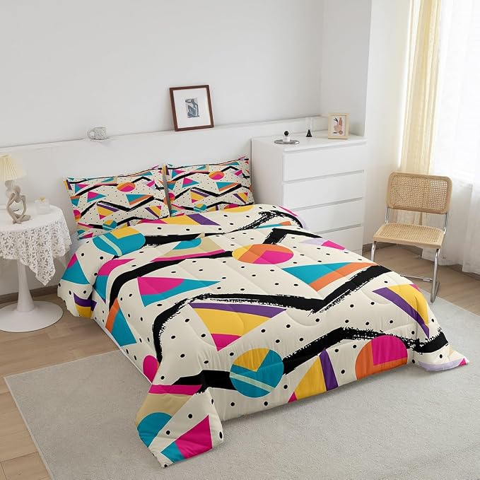 Manfei Memphis Comforter Set Twin Size, Retro 80s or 90s Fashion Style Bedding Set 2pcs for Kids Boys Girls, Geometric Triangle Circle Quilt Set Soft Polyester Duvet Set with 1 Pillowcase