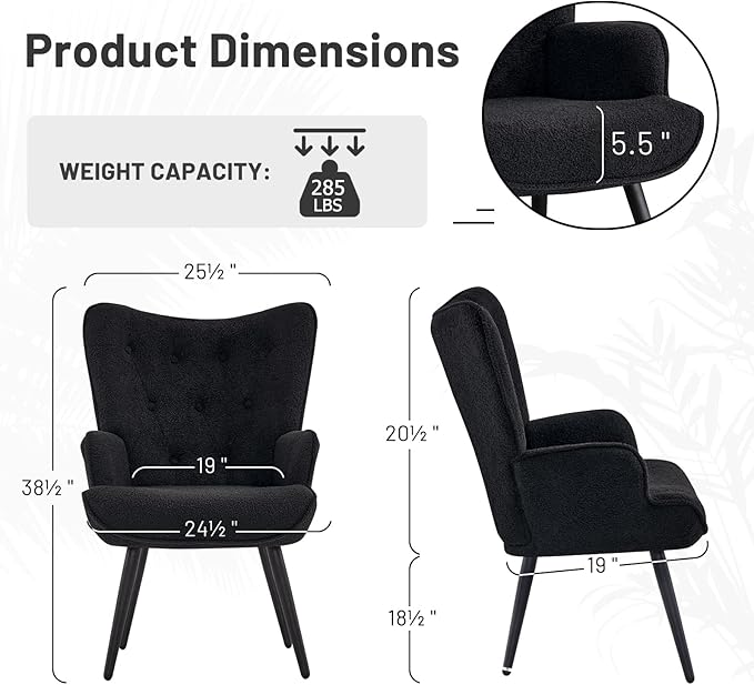 Furniliving Boucle Accent Chair for Living Room, Upholstered Reading Chair with High Backrest, Tufted-Button Wingback Armchair for Bedroom, Dressing Room, Home Office, Black