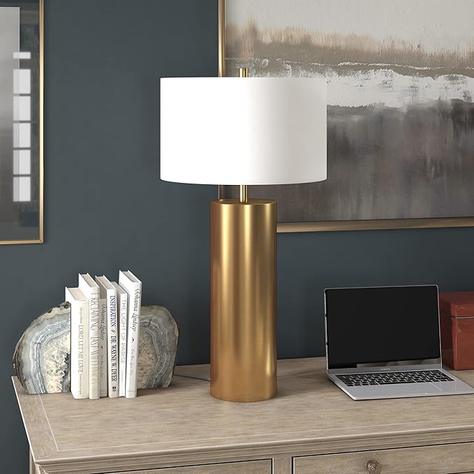 Henn&Hart 29.5" Mid-Century Modern 1-Light Table Lamp with White Fabric Drum Shade for Living Room, Bedroom, or Office, Brass