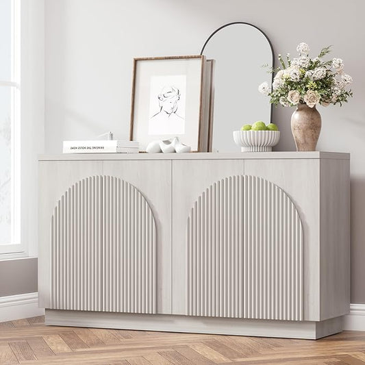 Yechen Accent Fluted Sideboard Buffet Cabinet with Arched Reeded Design Doors, Mid Century Modern Credenza Storage Cabinet with Adjustable Shelves, for Living Room Dinning Hallway, White Oak