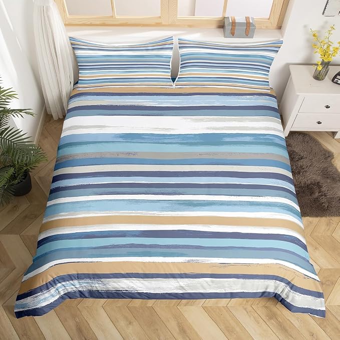 Erosebridal Brown Navy Beige Bedding Sets Queen White Teal Grey Comforter Cover, Aesthetic Striped Bed Set Wave Line Duvet Cover, Grunge Minimalism Quilt Cover Lightweight (Zipper Closure)