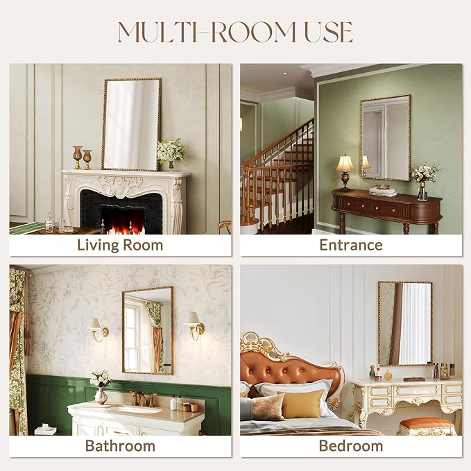 Uniclinens Vintage Rectangle Mirror Decor - Large Antique Gold Beaded Mirror for Wall Decor with Metal Frame, Ideal for Bathroom,Entryway, Fireplace, Living Room, Hallway,24"X36"