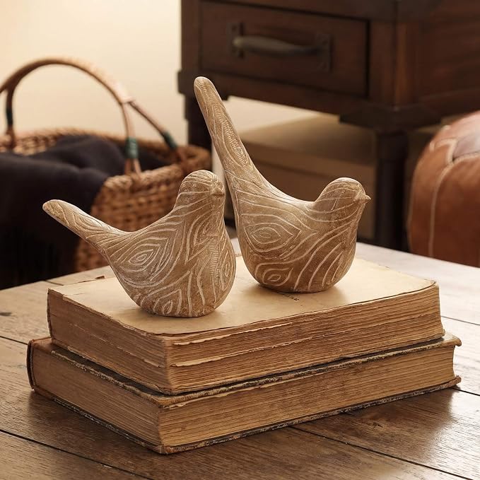 Lewtemi 2 Set Large Bird Figurines Home Decor 4.5'' 6.1'' Resin Birds Statue Modern Wood Look Bird Figurines Animal Decor Sculptures for Living Room, Home, Office, Women