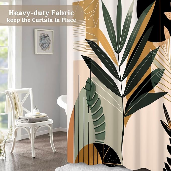 Boho Shower Curtain Mid Century Style Plant Leaves Bathroom Curtain Modern Abstract Graphic Waterproof Fabric Decor Shower Curtain with Hooks 72x72 Inch