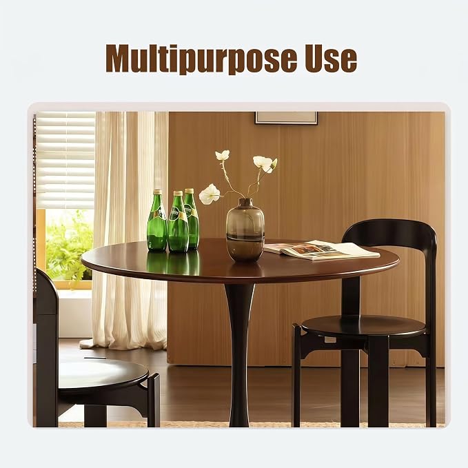 Walnut Round Dining Table, 31.5" Modern Kitchen Table with Pedestal Metal Base, Mid Century Tulip Table for Small Spaces, Apartment, Living Room, Coffee & Breakfast Nook Table, Black Base
