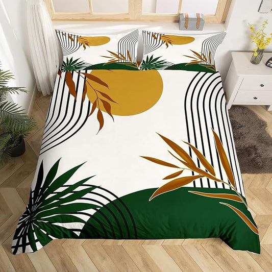 Abstract Geometric Boho Duvet Cover Queen for Kids Teens Adults,Botanical Plant Leaves Comforter Cover,Minimalist Aesthetic Bedding Set,Retro Mid Century Bed Set 3 Pcs Bedroom Decor