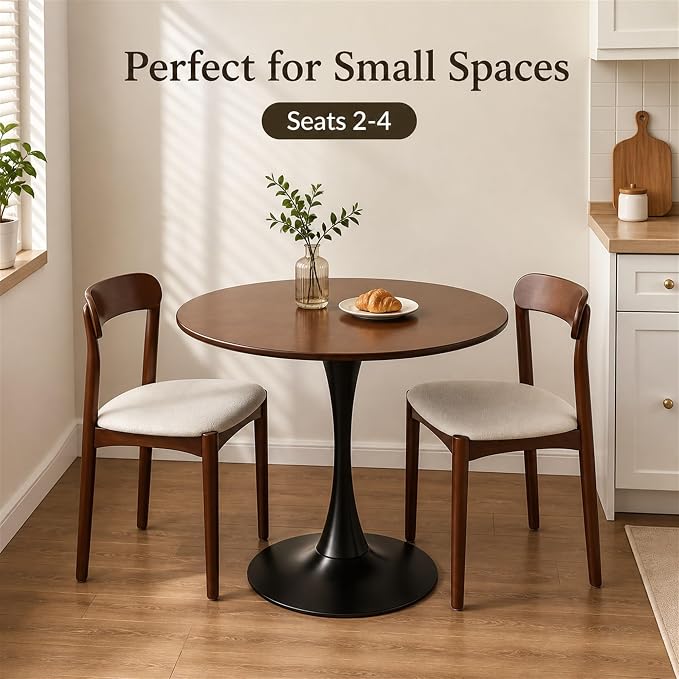 Modern 31.5" Round Tulip Dining Table Walnut Mid Century Pedestal Table for 2–4 Small Kitchen Table Apartment Breakfast Nook Compact Dining Room(No Chairs)