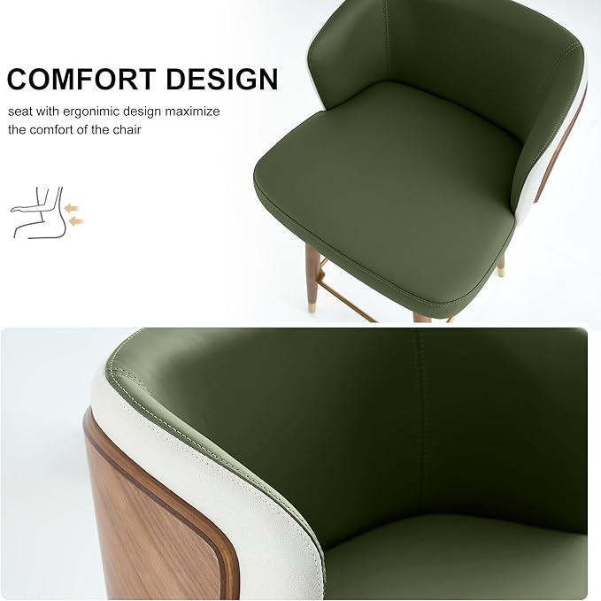 ARTPLAN Mid Century Modern Bar Stools Set of 2 for Counter Height - Leather Upholstered Seat with Walnut Wood Frame, Retro 34 Inch Bar Chairs for Home Kitchen Island, Bar, Breakfast Nook,Army Green