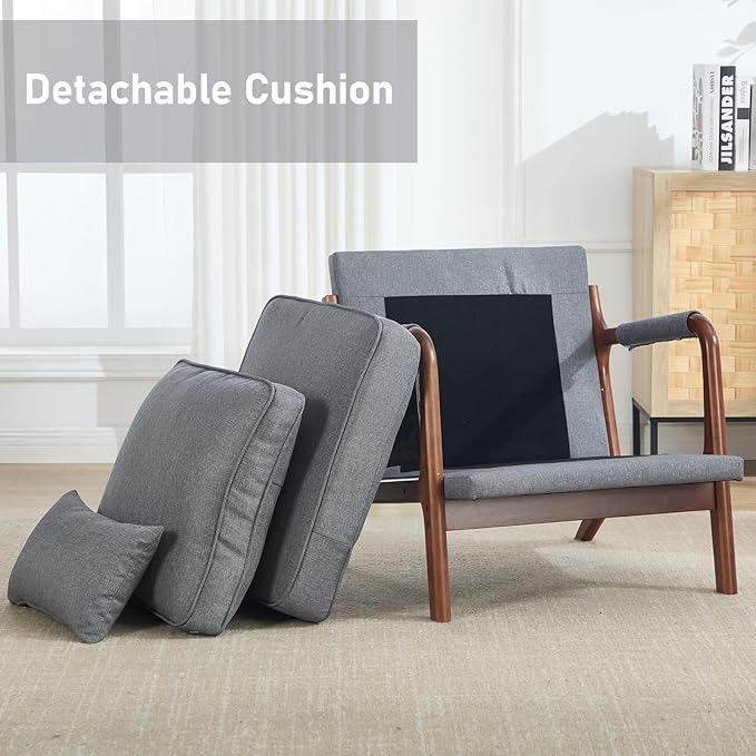 ANJ Mid Century Modern Accent Chair Set of 2, Lounge Reading Armchair with Extra Side Pocket & Detachable Cushion, Comfy Fabric Accent Chairs for Living Room, Bedroom, Grey
