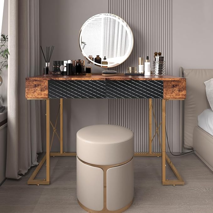 Mid-Century Modern Desk, 42 Inch Home Office Desk, Makeup Vanity Dressing Table Writing Desk with 2 Storage Drawers, Metal Frame, Walnut & Gold