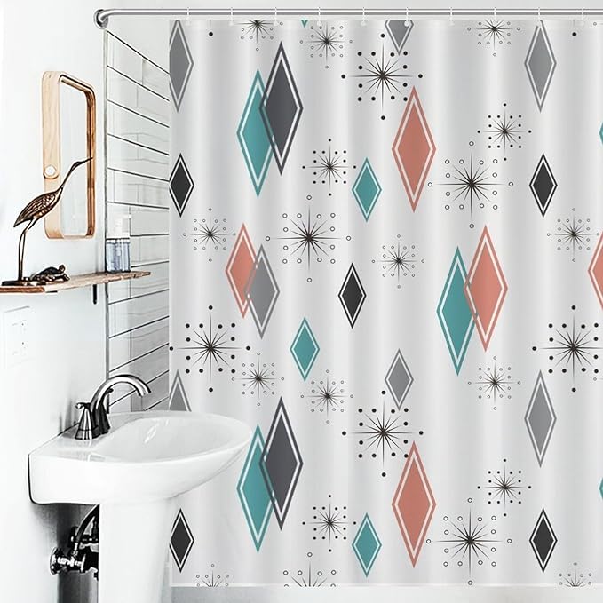 Mid Century Modern Shower Curtain,Retro Abstract Atomic Starburst Geometric Diamond Pattern Shower Curtains Set for Bathroom Fabric Decorative Bath Curtain Washable Curtain Hooks, 72x72 in