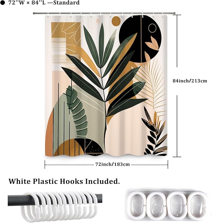 Boho Shower Curtain Mid Century Style Plant Leaves Bathroom Curtain Modern Abstract Graphic Waterproof Fabric Decor Shower Curtain with Hooks 72x84 Inch