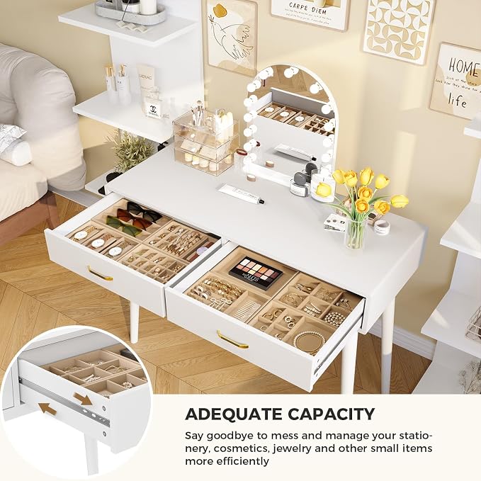 FUNKOCO White Small Desk with Drawers - 40 Inch White Home Office Study Writing Desk for Bedroom, Vanity Desk with 4 Solid Legs, Modern Computer Desk for Small Spaces