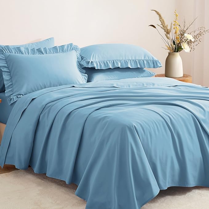 Horbaunal Blue Ruffle Sheets King Size 6 Piece, Fits 16" Deep Mattress, Microfiber Blue King Sheets with 2 Ruffled Pillowcases, Shabby Chic Bed Sheet Set