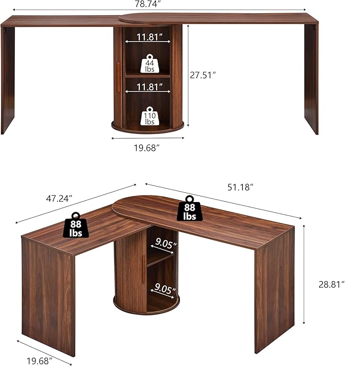 Fluted Computer PC Desk Table with Storage, Farmhouse Corner L Shaped Desk with Storage for Small Space, Modern Home Office Desk for Bedroom, for Writing, Executive, Study, Work - Walnut