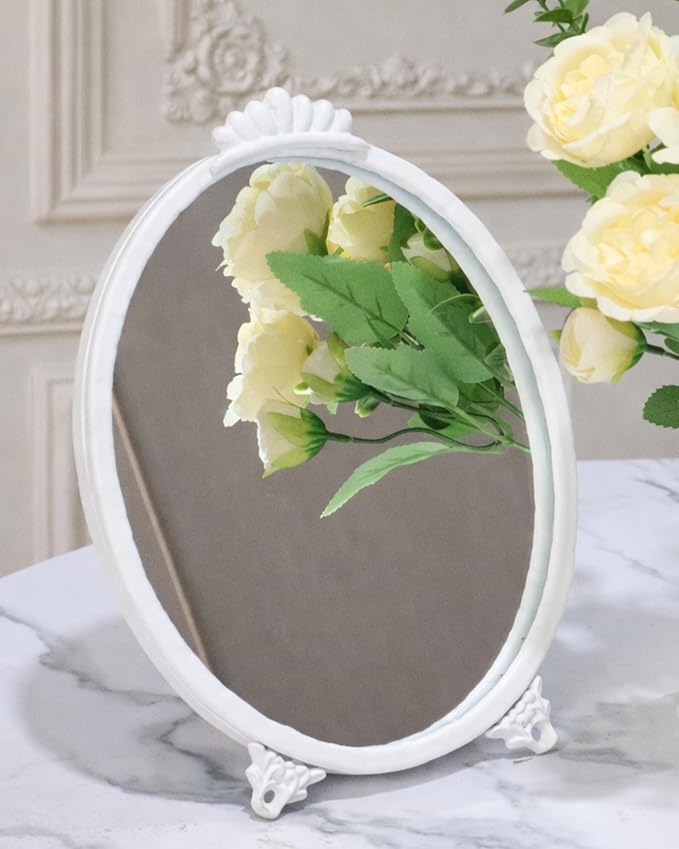 Gold Vintage Decor Vanity Mirror,Baroque Wall Art Retro Oval Mirror,Antique Wall Mirrors Decorative,Maximalist Decor Mirror for Desk Bedroom Bathroom Dresser Wall-Mounted,11.0" L x 7.9" W White
