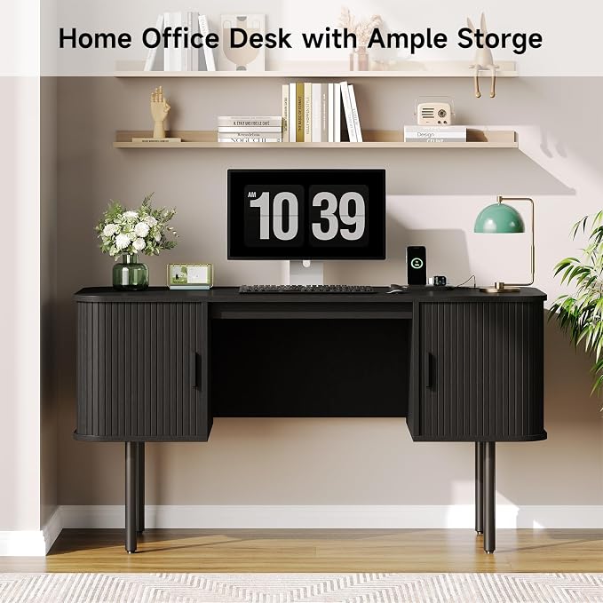 63 Inch Fluted Computer Desk with Power Outlets,Mid Century Wood Office Desk with Storge Cabinets & Sliding Door,Large Executive Desk for Office, Study, Living Room, Bedroom, Black