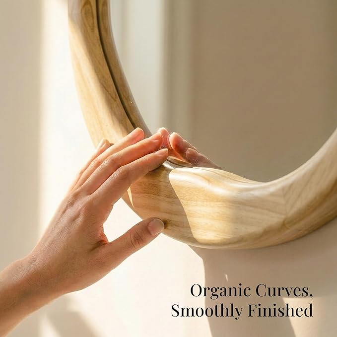 Round Wood Mirror 30 Inch, Large Asymmetrical Wavy Frame Wall Mirror for Entryway, Living Room, Solid Wood Irregular Circle Art Decor