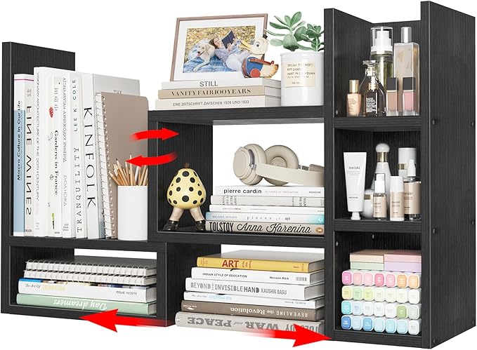 NUTIKAS Desk Shelves Desktop Organizer Shlef - Black Office Organization for Top of Desk Organizers and Accessories Corner Bookshelf Table Top Shelving Small Hutch Decorations for Office