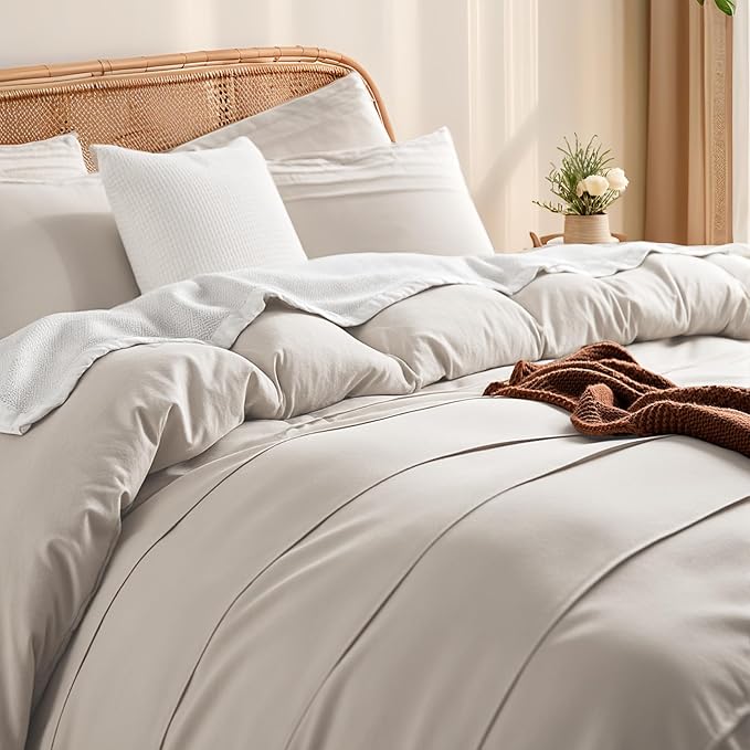 NEXHOME PRO 100% Organic Cotton Duvet Cover Full Size, Linen Like Pleated Textured Tannish Linen Grey Duvet Cover Set, 3pc Bedding Set with Zipper Closure, Soft, Breathable (80"x90", No Comforter)
