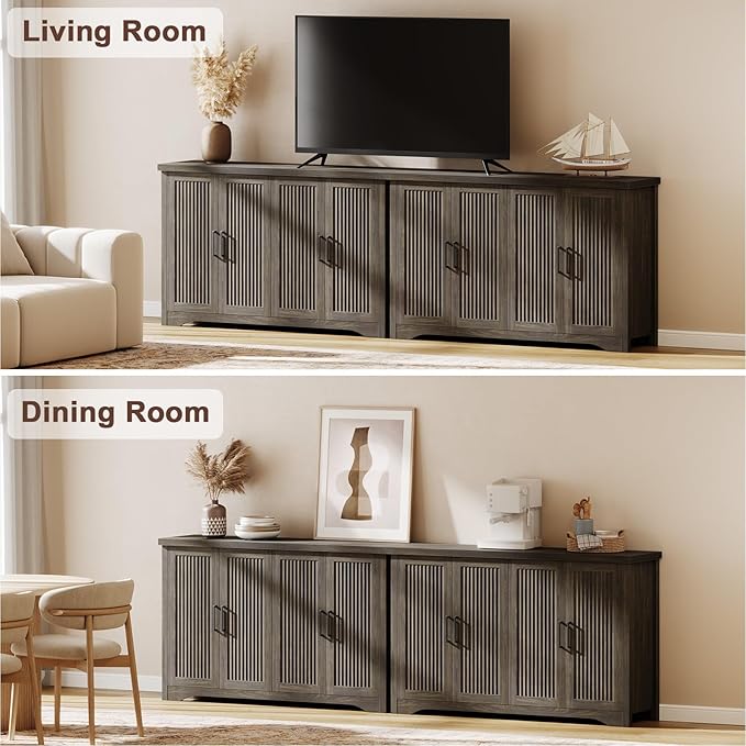 Fluted Buffet Cabinet with Storage Accent Sideboard,Modern Credenza with 4 Doors & Adjustable Shelves,Wood Coffee Bar Table Console for Dining Room Kitchen Living Room Entryway,Gray