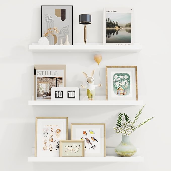 Axeman Picture Ledge Shelf | 24 Inch White Floating Shelves Set of 3 | Rustic Wood Wall Shelves with Lip | 24" White Picture Shelf for Wall with Ledge | Photo Shelves