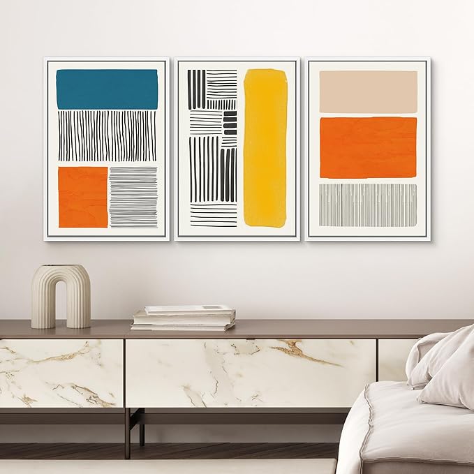 SIGNWIN Framed Canvas Print Wall Art Set Mid-Century Bright Color Block Collage Abstract Shapes Illustrations Minimalism Bohemian Decorative for Living Room, Bedroom, Office - 16"x24"x3 White