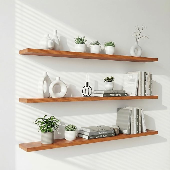 IEO Long Wooden Floating Shelves for Room Wall, Natural Wood Floating Shelves Wall Mounted Kitchen Shelf for Living Room, Bedroom, Kitchen,Bathroom, Storage (Honey Oak, 60in 3tier)