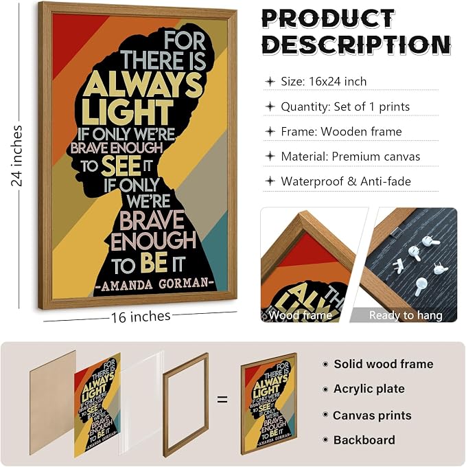 Amanda Gorman Poster Canvas Prints Poem Amanda Gorman Wall Art the Hill We Climb Poem Poster Inaugural Painting There Is Always Light Art Black History Month Wall Art Decor 16x24 Inch Wood Framed