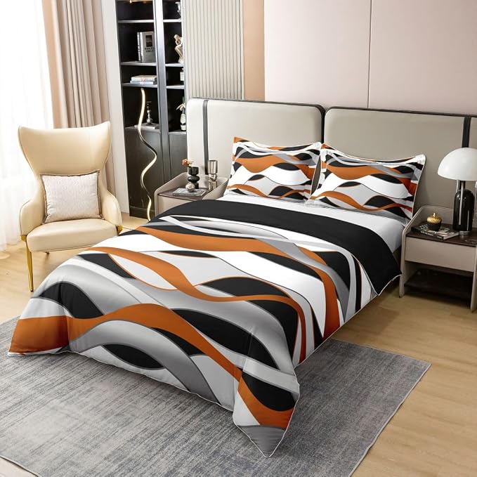 Erosebridal Orange Grey Black Bedding Set Twin Wave Stripe Print 100% Cotton Duvet Cover Geometric Spiral Pattern Comforter Cover for Kids Teens Adults Abstract Art Bed Set 2 Pcs
