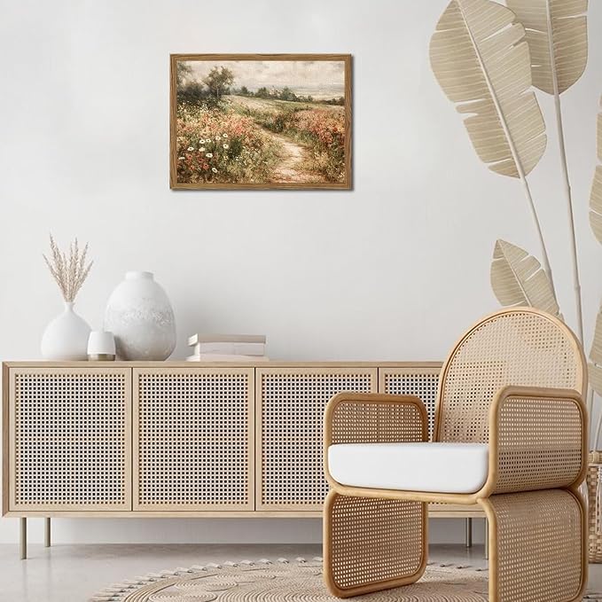 Vintage Floral Wall Art Nature Country Wildflower Wall Decor Painting Modern Botanical Flower Farmhouse Landscape Artwork 3D Textured Sandstone for Living Room Bedroom 12x16 inch Wood Framed