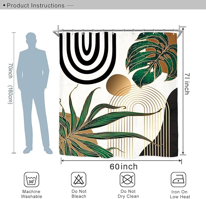 Miyotaa Emerald Green Abstract Shower Curtain Set 60Wx71H Inches Mid Century Minimalist Aesthetic Modern Contemporary Plant Tropical Polyester Waterproof Bathroom Curtain with 12 Hooks