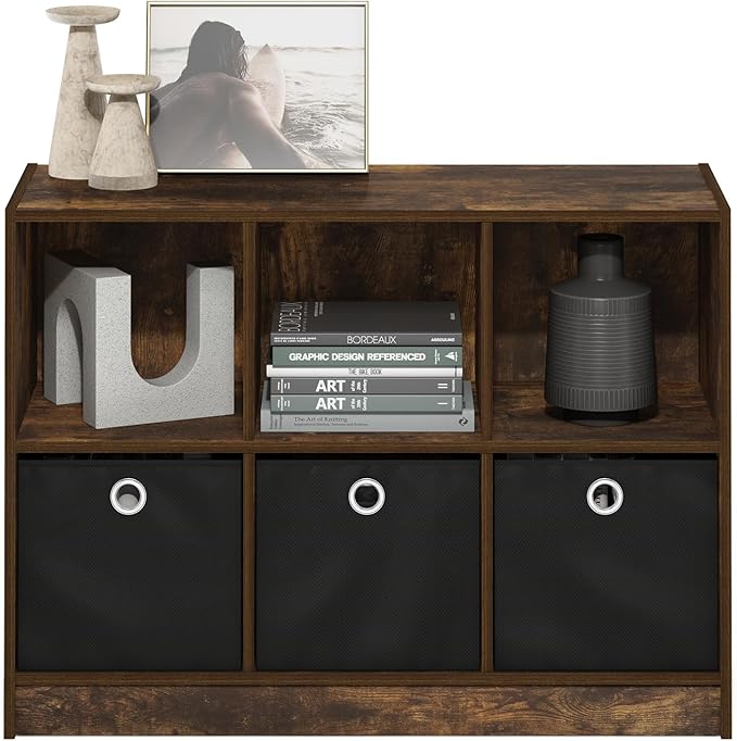 Furinno Basic Book Shelf, 6-Cube Bookshelf with Open Shelf, 3 x 2 Bookcase with Storage Bins, Closed Back, Horizontal, 11.9 x 31.6 x 23.6, for Living Room, Bedroom, Home Office, Amber Pine
