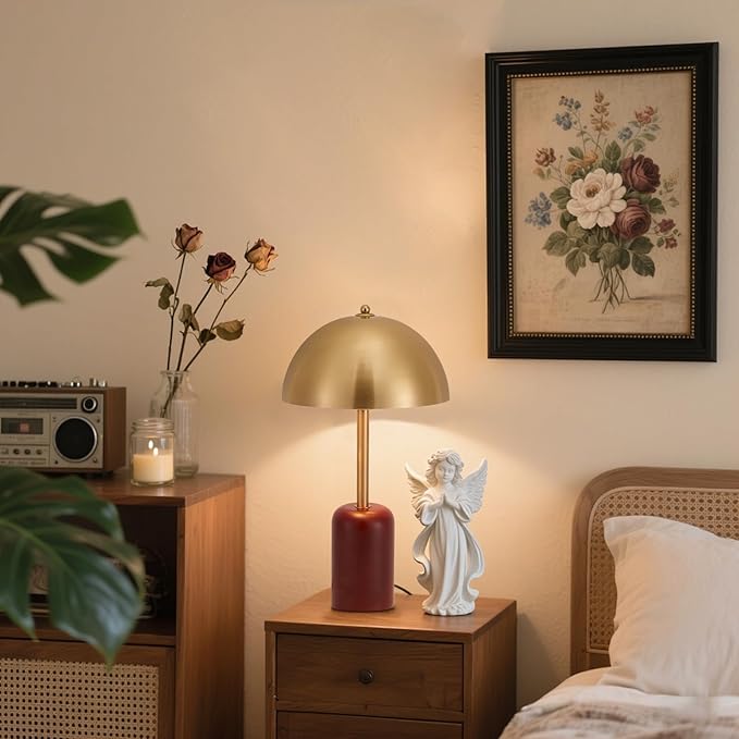 Bedside Table Lamp for Bedroom, Modern Plug in Brass Gold Shade & Cylindrical Wood Base Desk Lamp, Plug & Play Nightstand Lamp with Switch Power Cord for Living Room, Office 【Bulb Included】
