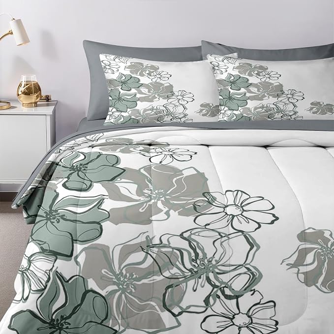Nesker 7 Pcs Comforter Set King Size, Vintage Flowers Bedding Set for Kids and Adults, Farmhouse Floral Line Bed Sheet Sets with Fitted Sheet 2 Pillowcases & 2 Shams