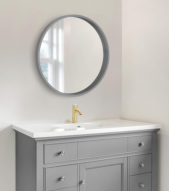 Kate and Laurel Travis Round Wood Wall Mirror, 25.6" Diameter, Gray, Modern Wall Décor Accent