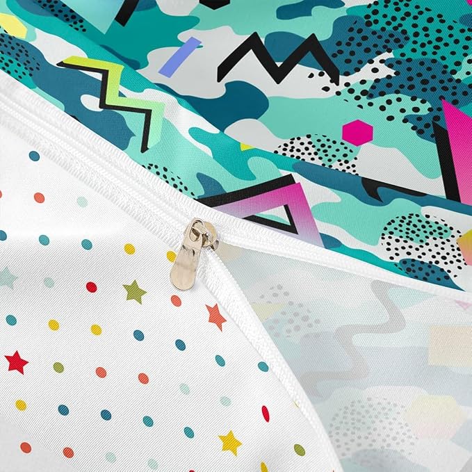 Camo Bedding Set Queen Size Abstract White Green Camouflage Comforter Cover,Vintage 80s 90s Memphis Duvet Cover Mens Hipster Hip-Hop Geometric Quilt Cover Military Theme Room Decor