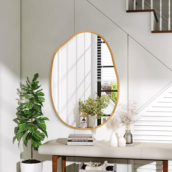Gold Irregular Wall Mirror Aluminum Alloy Frame Asymmetrical Bathroom Mirrors Brushed Metal Vanity Wall Mounted Mirror for LivingRoom Bedroom Entryway Room Home Decor Large 22"x30"