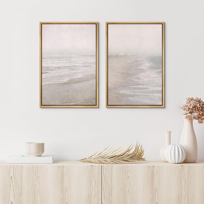 IDEA4WALL Framed Canvas Print Wall Art Set Abstract Beach Shore Ocean Wave Landscape Nature Wilderness Illustrations Modern Art Decorative Coastal Cottage Seascape for Bedroom - 24"x36"x2 Natural