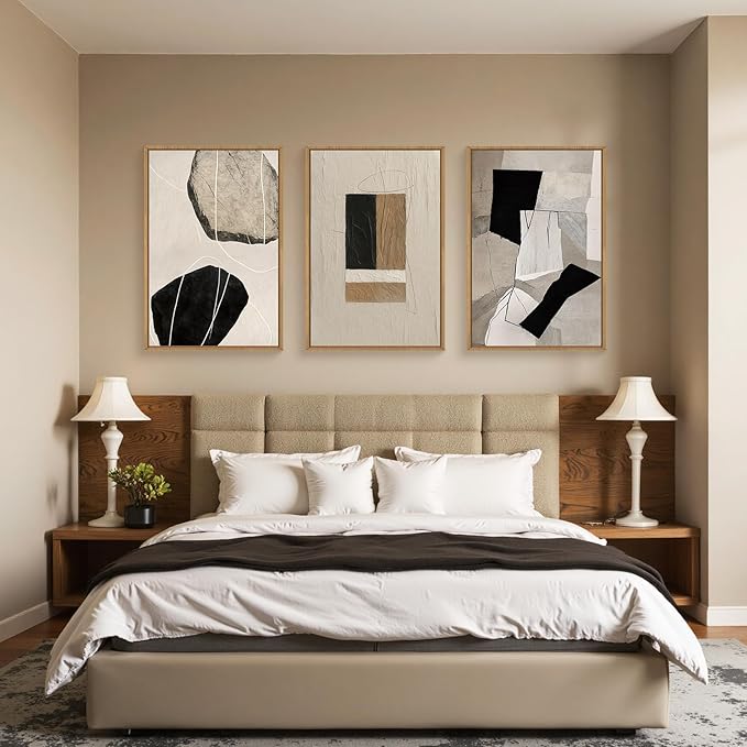 FWIEXA Modern Abstract Wall Art Set of 3, Black White Framed Paintings for Living Room, Neutral Beige Pictures Wall Decor, 16x24 Inch Minimalist Prints for Bedroom, Bathroom, Hallway, Office