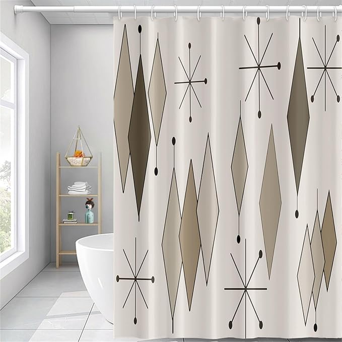 Boho Light Grey Brown Shower Curtain Abstract Mid Century Diamond Geometric Atomic Starburst Pattern Beige for 1950s Retro Bathroom Decor Shower Curtain Set with 12 Hooks, 60x72 Inches