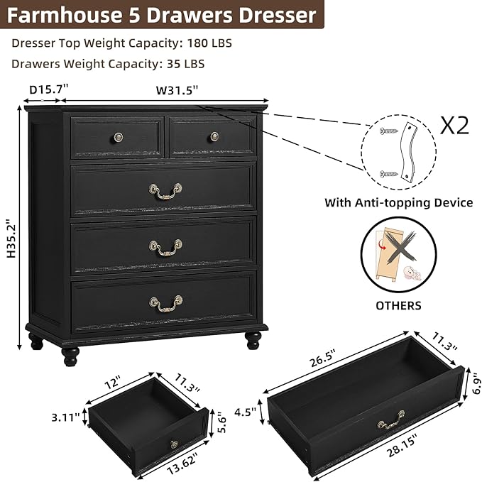 Farmhouse 5 Drawer Dresser for Bedroom, 35" Tall Rustic Chests of Drawers w/ 4 Solid Wood Feet, Mid Century Modern Wooden Closet Storage Dressers Organizer for Living Room, Hallway,Black