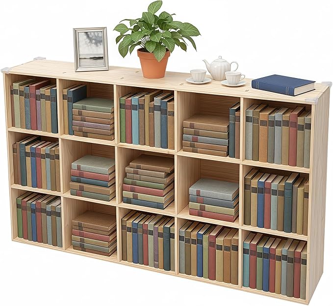 15-Cube Pine Wood Storage Organizer, Solid Wooden Bookshelf with Back Panel, 11in Shelf Opening Bookcase, Freestanding for Living Room, Bedroom, Office (59.1 x 11.8 x 35.4in)