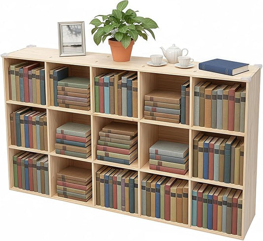 15-Cube Pine Wood Storage Organizer, Solid Wooden Bookshelf with Back Panel, 11in Shelf Opening Bookcase, Freestanding for Living Room, Bedroom, Office (59.1 x 11.8 x 35.4in)