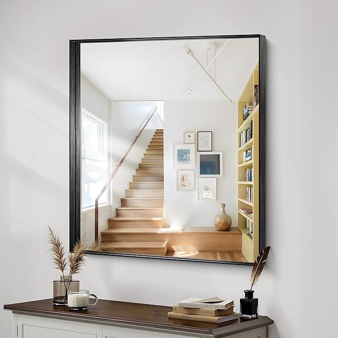 CIRCUMI Black Bathroom Mirror, 36"x40" Rectangular Mirror with Deep Metal Frame, Brushed Finish, Tempered Glass, Mirror for Wall, Oversink, Bedroom, Installed Vertically/Horizontally, Crystal-Clear