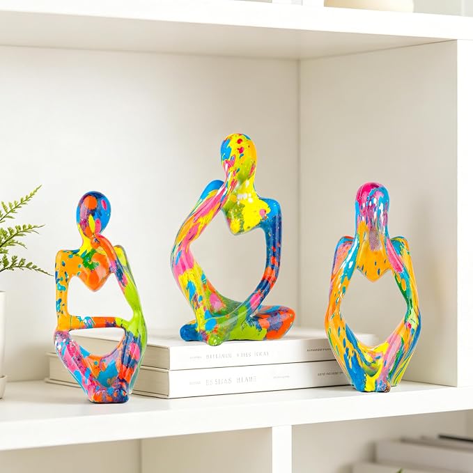 Graffiti Thinker Statue Set of 3, Colorful Abstract Resin Sculpture, Modern Pop Art Figurine for Living Room, Office & Shelf Decor