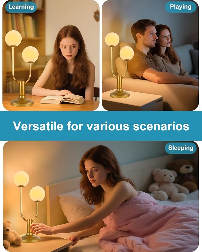 Lightdot 2-Globe Table Lamp for Bedroom Mid Century Modern Gold Small Desk Lamp Dimmable 3000K Warmwhite Unique U-Shaped Nightstands Bedside Lamp for Living Room Home Office